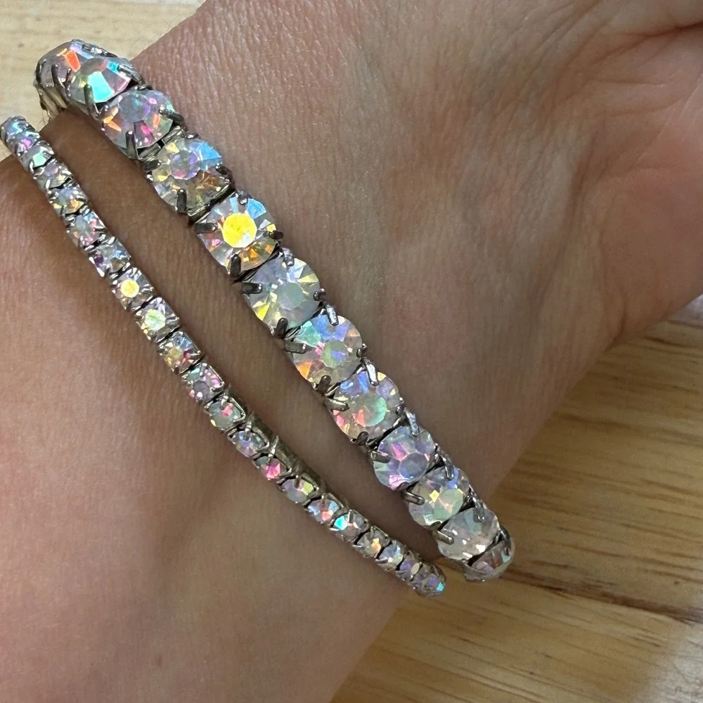 Vintage Aurora Borealis AB Rhinestone Stretch Bracelet Lot of‎ 2 Glam Y2K
